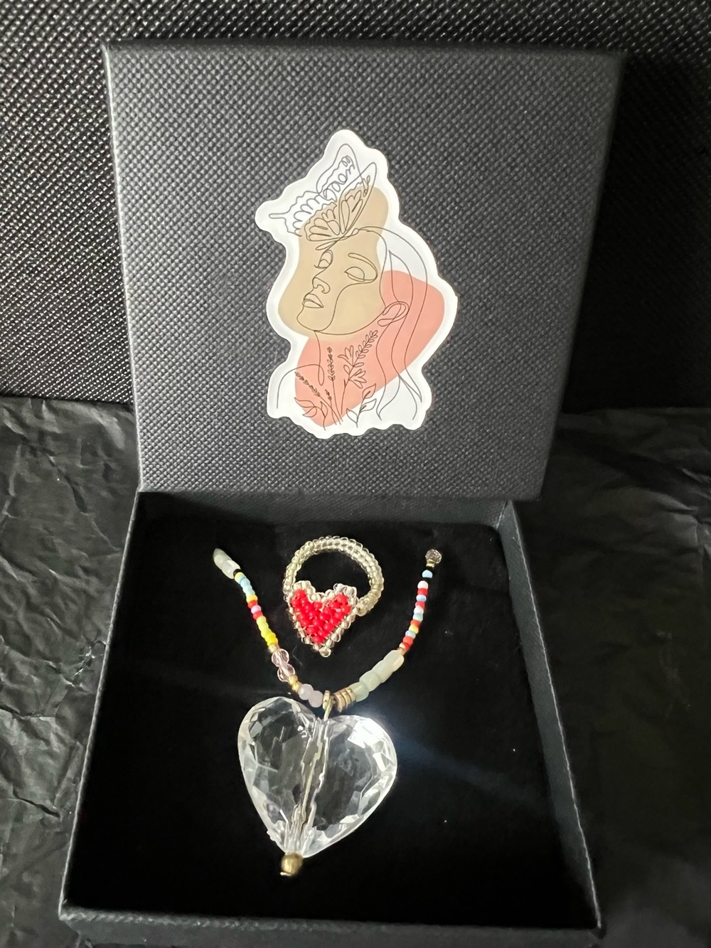 Red Heart Beaded Ring with Necklace Crystal Heart Pendant